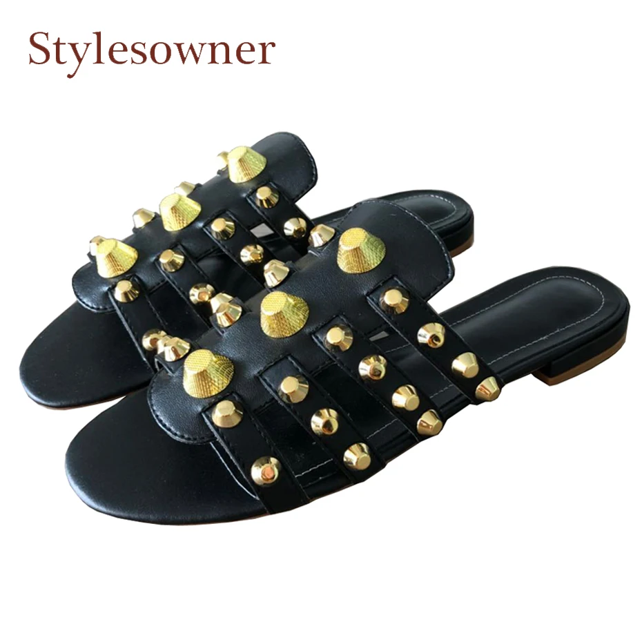 

Stylesowner summer newest rivet flats sandals open toe narrow band hollow band slipper women genuine leather cozy slides size 42