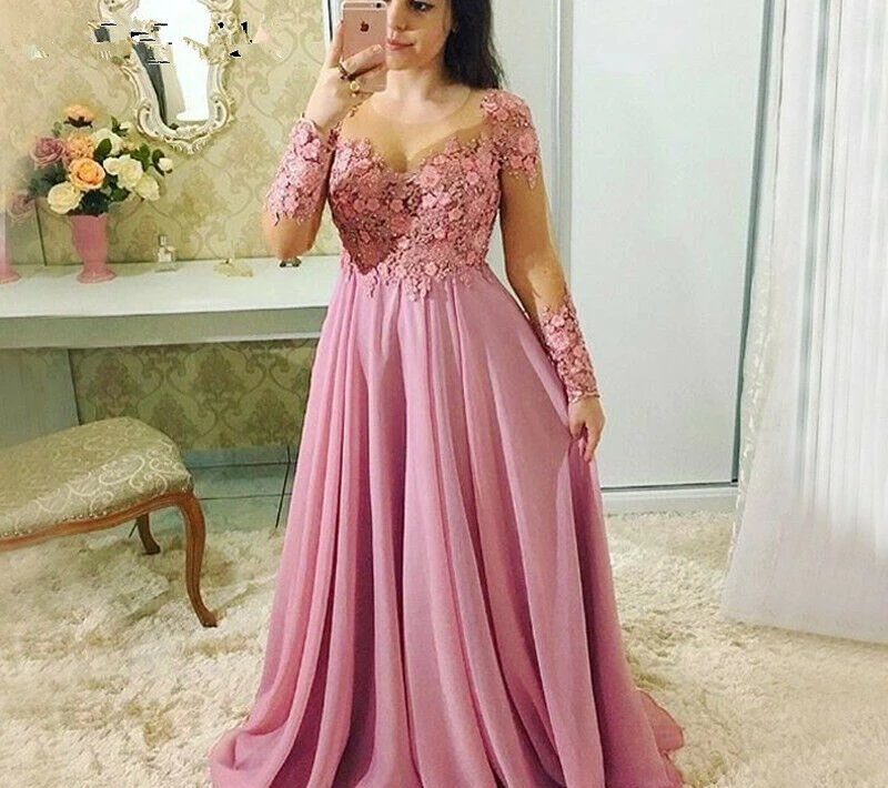 

Plus Size Mother Of The Bride Dresses Long Sleeve Jewel A-line Chiffon Lace 2019