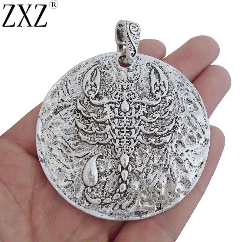 

ZXZ 2pcs Antique Silver Large Hammered Round Medallion Scorpion Charms Pendants for Necklace Jewelry Making Findings 73x62mm