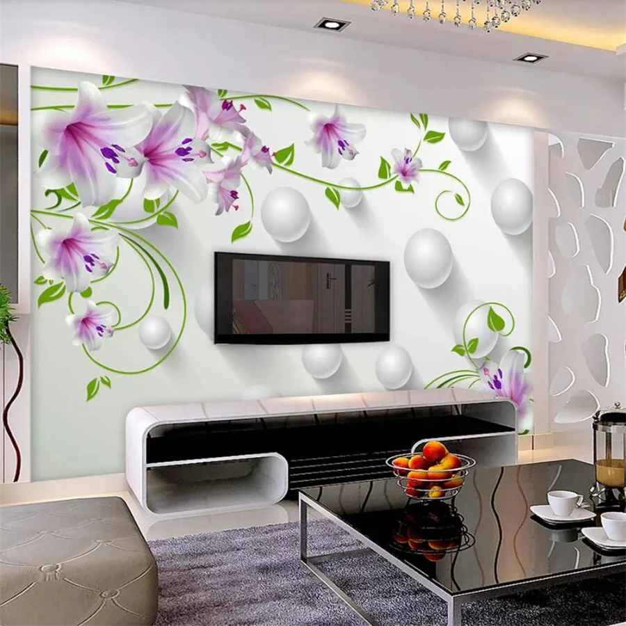 

wellyu Custom wallpaper 3d mural обои purple lily green rattan ball living room bedroom TV background wall paper papel de parede