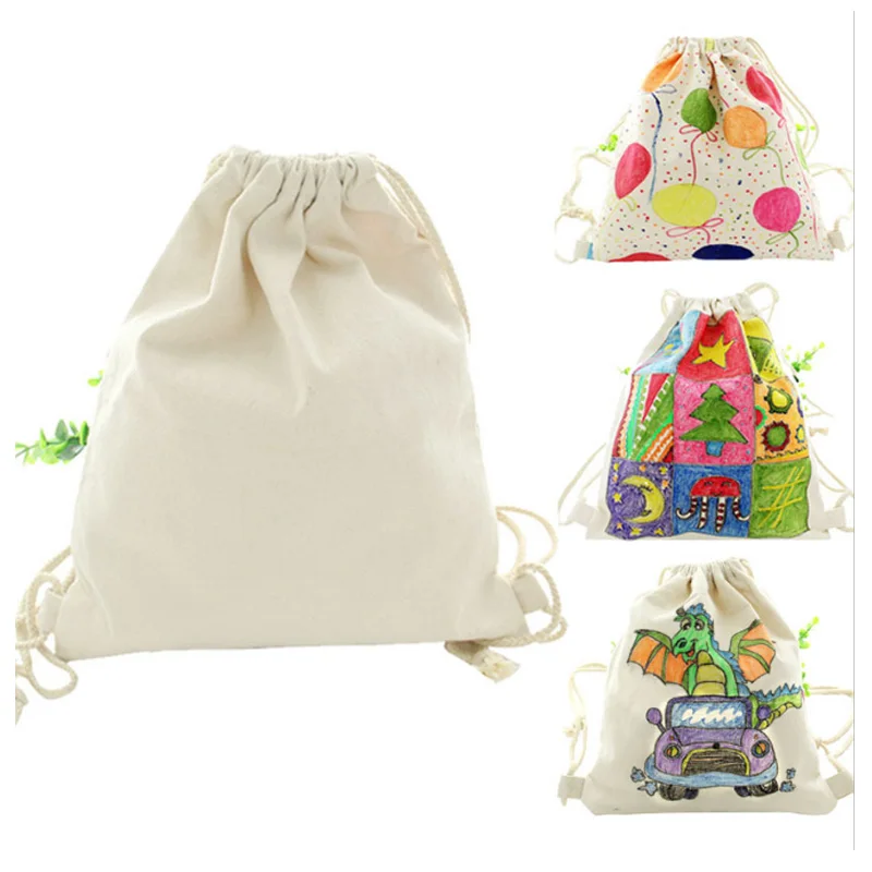 

Children DIY Coloring Graffiti Canvas Shopping Bag Drawstring Backpack Pure Color Environmental Protect Reuse With color Pen