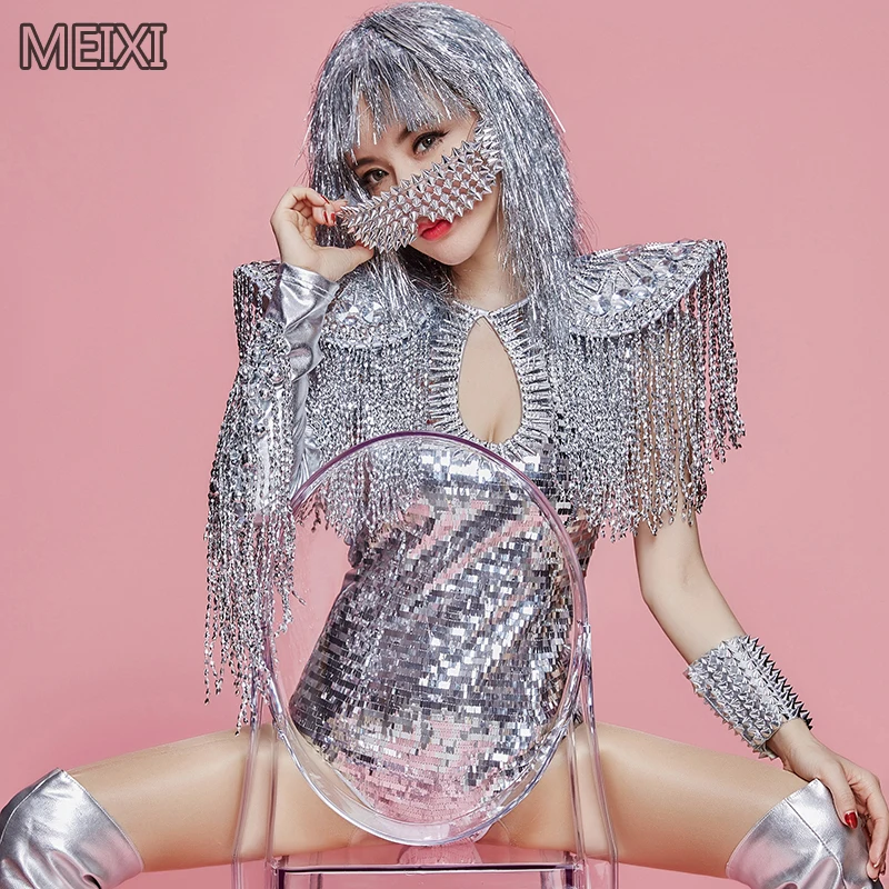 

Glitter silver ultra-modern fringe bar club concert female dancer costumes