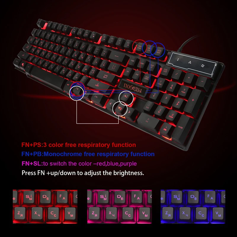 Beste LOIOG Russisch Engels 3 Kleur Backlight Gaming Toetsenbord Teclado Gamer Drijvende LED Backlit USB Soortgelijke Mechanische Feel
