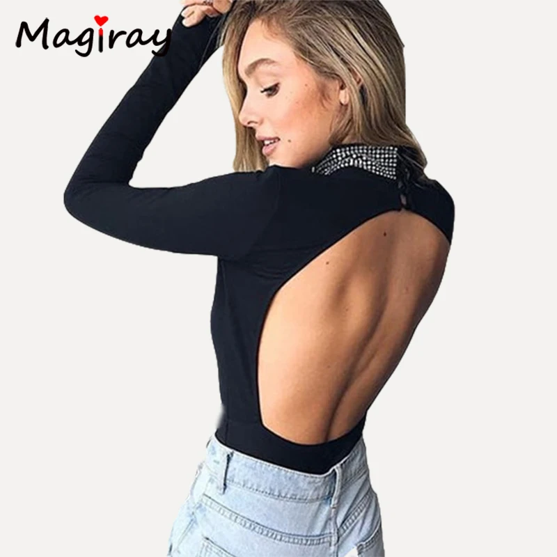 

Magiray Long Sleeve Black Bodysuit Women Sexy Backless Club Bodycon Jumpsuit Turtleneck Pearl Bling Skinny Overall Body Femme 20