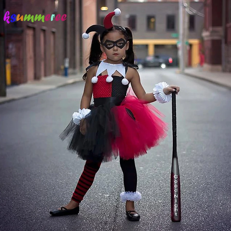 Красное, черное платье-пачка для малышей в стиле Харли Куинн; костюм для девочек в стиле супергероя Пурима; нарядное детское платье ручной работы