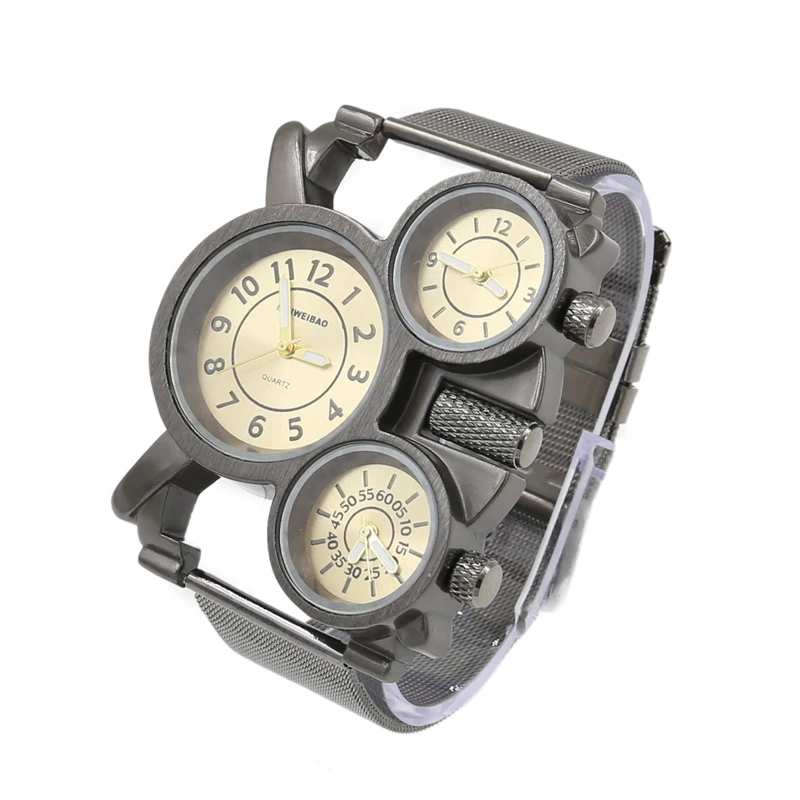 new arrival unique design three time zones quartz watches for men military style steel mesh watchband free shipping (12)