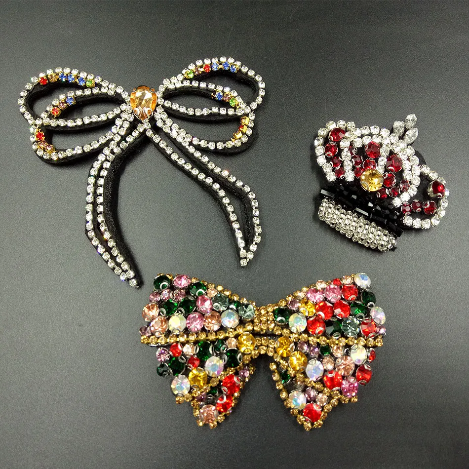 

Elegent Beaded Patches , bow-tie, Crown,Sew on Handmade Rhinestone Patch for clothing beading Applique