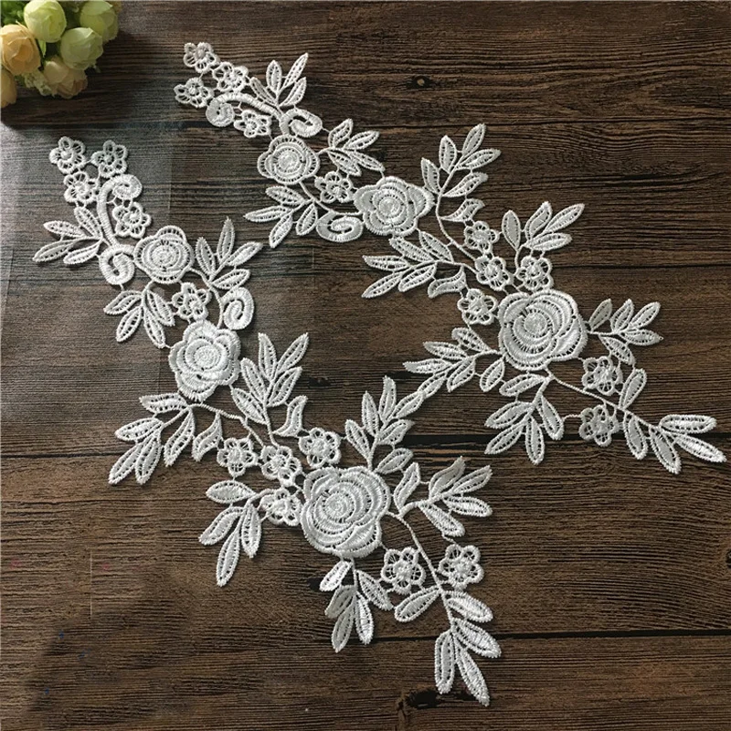 

2Pairs White Red 34*14cm Flower Embroidery Lace Appliqued Fabric Jacquard Ribbon Lace Fabric Sewing Trims