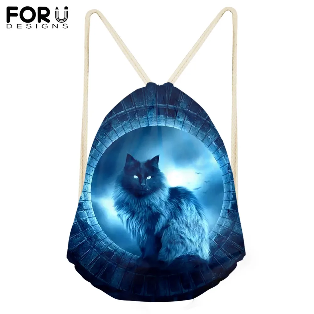 FORUDESIGNS Blue Moon Cat Drawstring Bag Teenagers Woman Girl Cool Satchel Package Mochila Escolar Cat Print Sport Bag