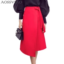 Весенняя Осенняя Женская юбка трапециевидной формы размера плюс, модная повседневная Свободная юбка длиной до колена с высокой талией, элегантная юбка с открытым разрезом и бантом