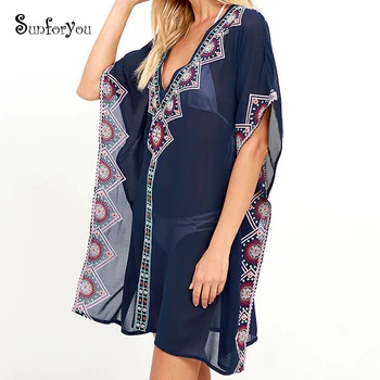 

Plus size Chiffon Embroidery Beach Cover up Pareos de Playa Mujer Sarong Swimsuit cover up Tunics for Beach Kimono Playa Dress