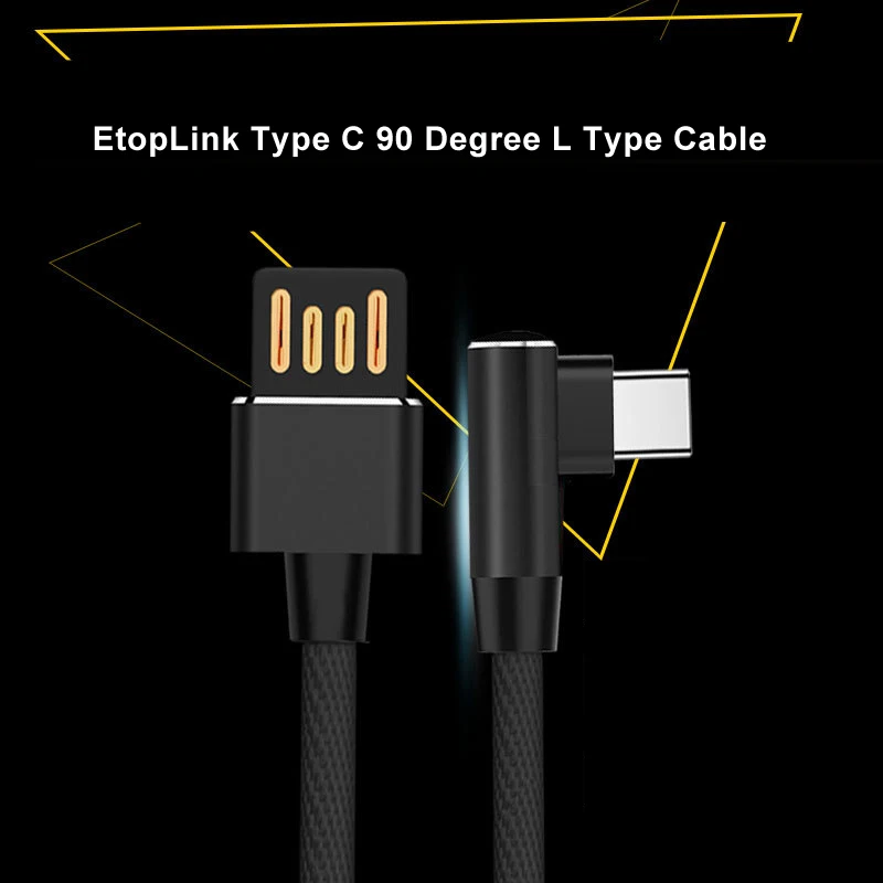EtopLink L نوع 90 درجة TYPE-C المصغّر usb سريع تهمة USB كابل بيانات 2.4A شحن نقل البيانات كابل 1 M الأسود