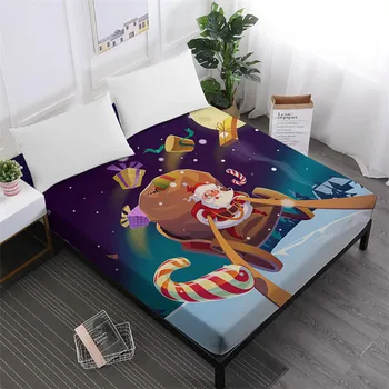 

Cute Cartoon Bed Sheet Merry Christmas Santa Sleigh Print Fitted Sheet Colorful Festival Gift Soft Bedclothes Mattress Cover