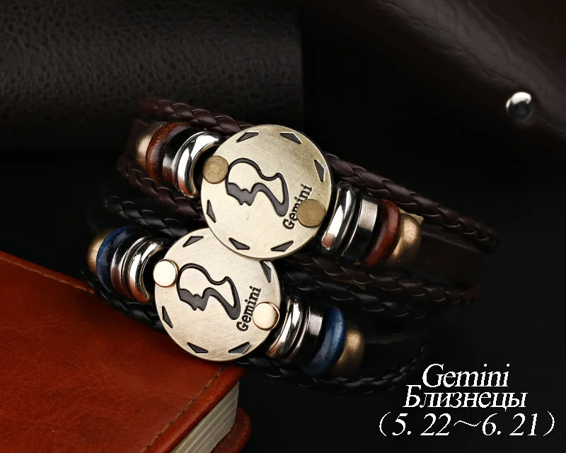 12 браслет со знаком зодиака для мужчин винтажный Бронзовый ручной работы плетеный многослойный натуральная кожа женские браслеты с подвесками браслеты ювелирные изделия