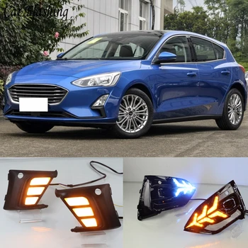 

2PCS DRL for Ford Focus 2019 Car LED Daytime Running Light fog lamp driving light with Turning Yellow Signal style Relay