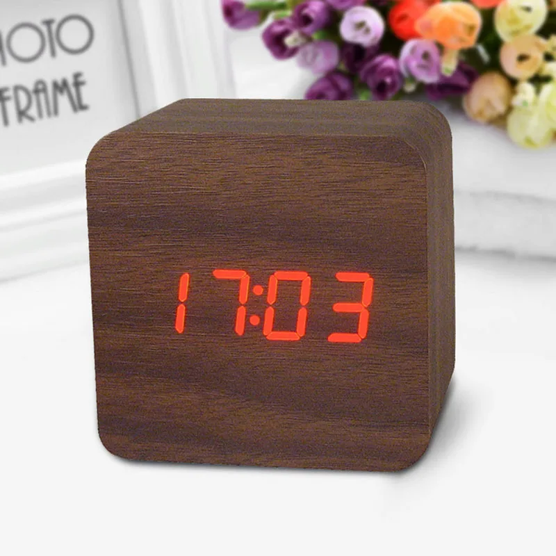 Voice Control LED Wooden Alarm Clock Cube with Temperature Date Display for Bedroom Bedside in