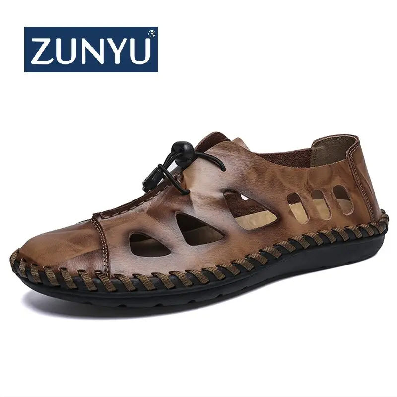 Мужские дышащие сандалии ZUNYU черные повседневные из натуральной кожи на плоской