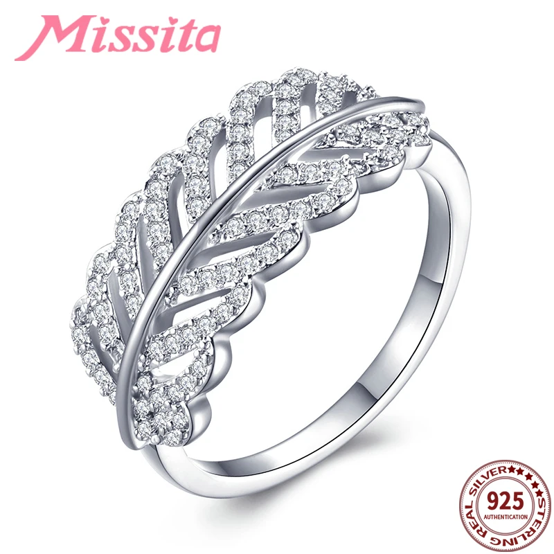 

MISSITA 100% 925 Sterling Silver Crystal Feather Rings For Women Wedding Brand Fashion Jewelry Anniversary Gift anillos mujer