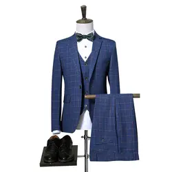 (Куртки + жилет + брюки) мужские деловые повседневные клетчатые костюмы/высококлассный Хлопок Свадебные банкетный костюм три предмета