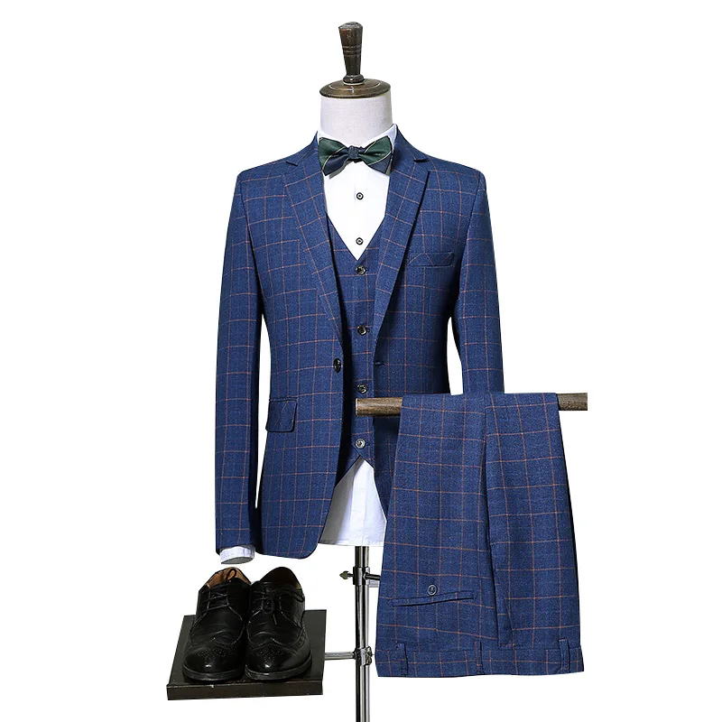 

(Jackets+vest+pants) Men business casual self-cultivation plaid suits/high-grade cotton wedding banquet suit three-piece BLAZERS