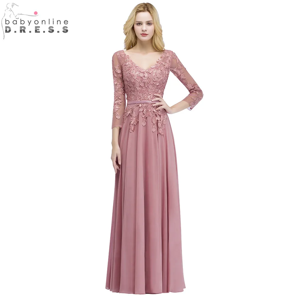 Gorgeous Three Quarter Sleeve Pink Lace Evening Dress Long Sexy V Back Evening Gowns with Sashes Robe de Soiree Longue Gorgeous Three Quarter Sleeve Pink Lace Evening Dress Long Sexy V Back Evening Gowns with Sashes Robe de Soiree Longue