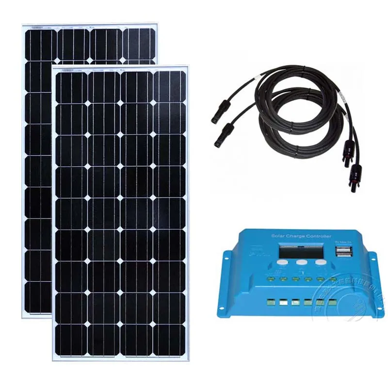 

Kit Solar Camping 12v 150w 2 Pcs Tempered Glass Solar Panels 300w 24v Solar Charge Controller 12v/24v 10A Solar Car Battery LM