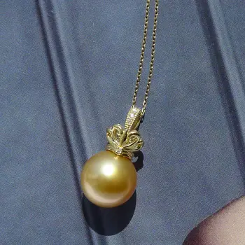 

Free Shipping AAA 12.6mm Genuine South Sea Golden Pearl Diamond Pendant 18K Solid Yellow Gold
