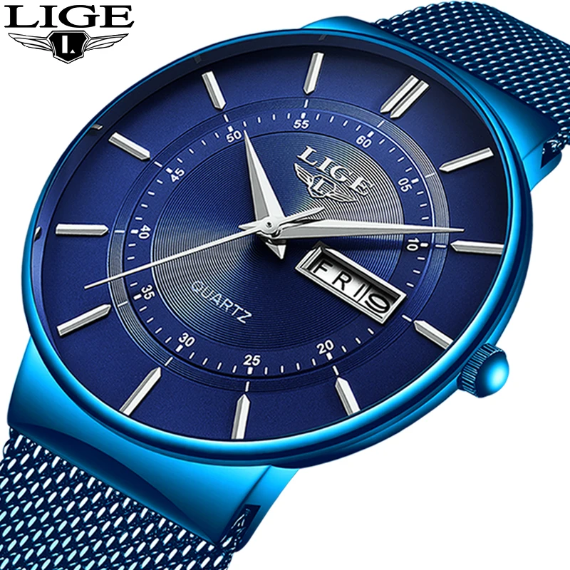 2019 New Blue Quartz Clock LIGE Mens Watches Top Brand Luxury Watch For Men Simple All Steel