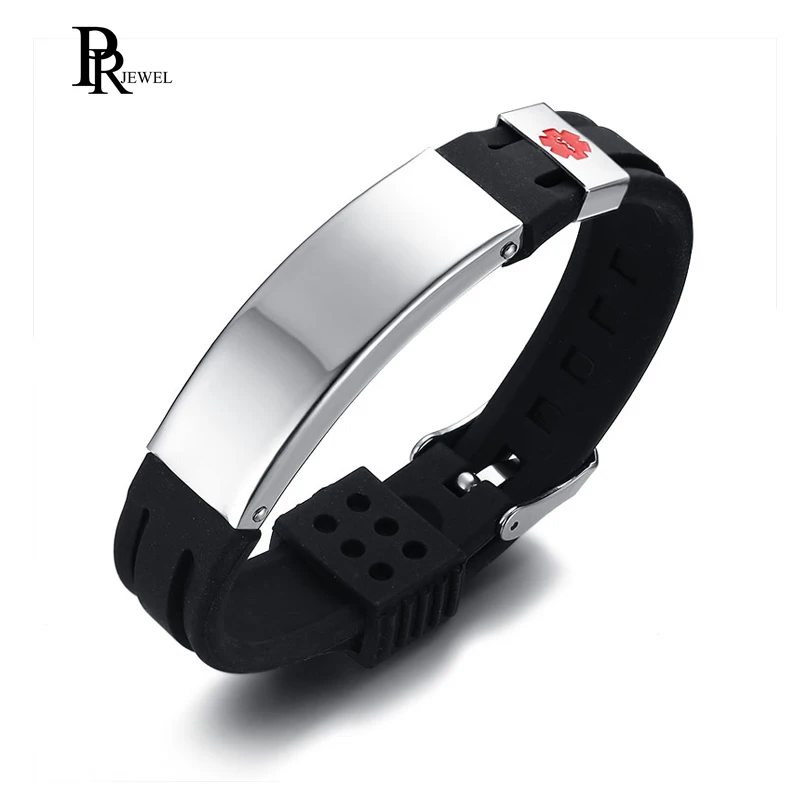 

Free Engraving Medical Alert ID Silicone Stainless Steel Adjustable Bracelet