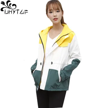 

UHYTGF Women's coats Loose plus size windbreaker female Colorblock hooded Spring trench coat for women Cute girl sportswear 624
