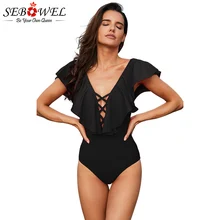SEBOWEL женский черный погружающийся v-образный вырез гофрированный рукав Монокини плиссированный Холтер Купальник без спинки пляжная одежда
