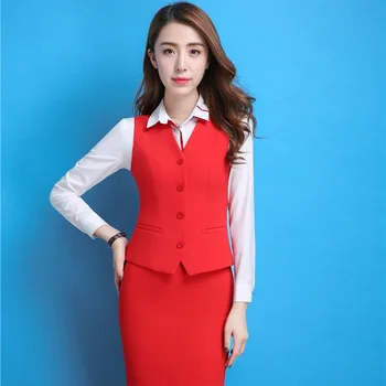 

Novelty Red Uniform Styles Formal Blazers Suits With Vest And Skirt For Ladies Business Work Wear Outfits Plus Size