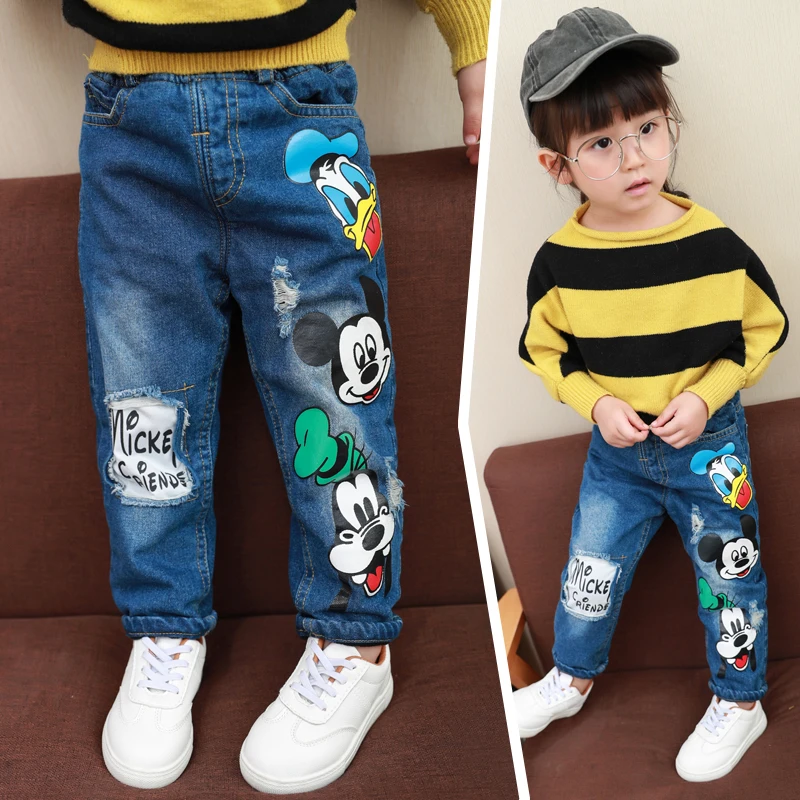 Джинсы для мальчиков и девочек Детские утепленные вельветовые штаны детская одежда с рисунками повседневные джинсы на осень и зиму