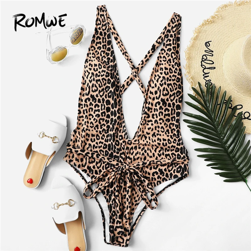 

Romwe Sport Bikinis Set Leopard Crisscross Knot Back Plunging Tie-Front One Piece Swimwear Women Summer Wire Free Sexy Monokinis