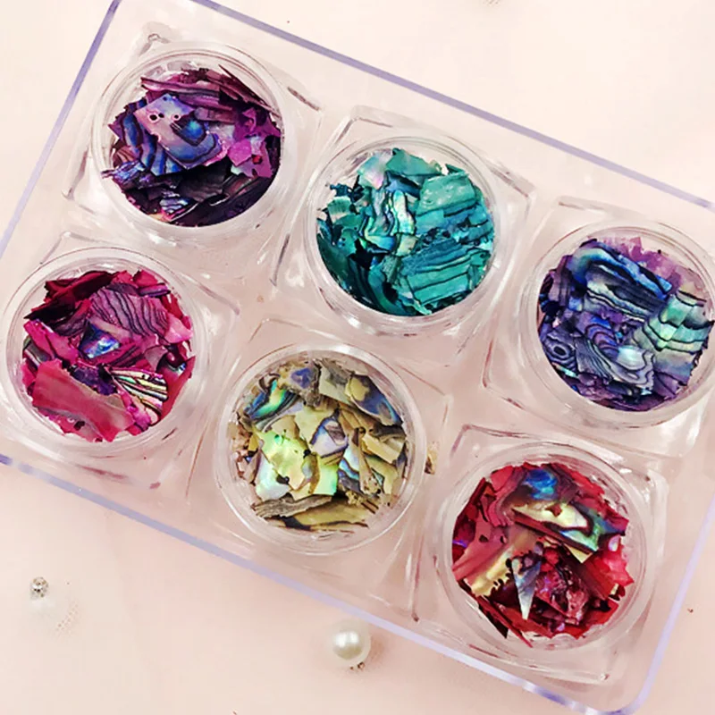 

6pots/set Mermaid Shell Flakes Nail Art Decoration Gradient Natural Abalone Irregular Broken Slices 3d Manicure DIY Stickers New