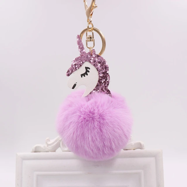 Pom Pom Keychain with Lanyard Plush Ball Key Ring Car Pendant Bag Charm  Cute Pink Unicorn
