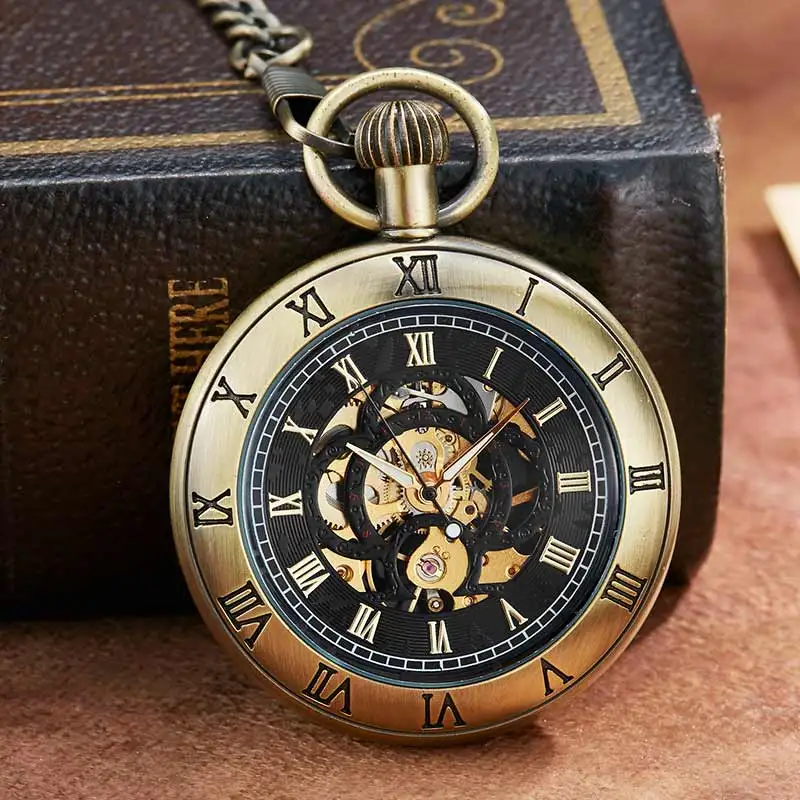 Relógio de Bolso Luxo dos Homens Relógios de Bolso Mecânico com Corrente Vintge Mecânico Numerais Romanos Dial Esqueleto Design Exclusivo Retro