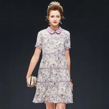 

New Summer fashion plus size elegant Floral Dress hollow out crochet cute A-line dress peter pan collar temperament vestidos 5XL