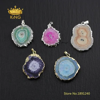 

5pcs Random Color sale,Solar Quatz Sun Flower Pendant,Freeform Natural Druzy Geode Charms,Raw Crystal Slice Slab Necklace DSS133