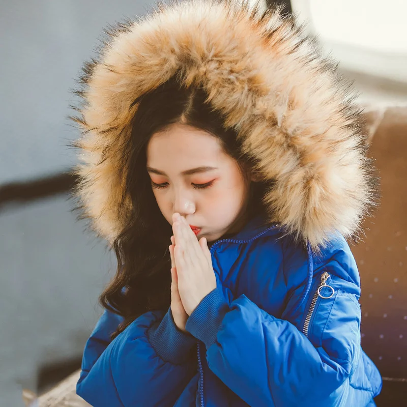 

2018 New Children's Winter Cotton Down Jacket Girls Warm Thick Fur Collar Kids Hooded Long Down Coats For Teenage Christmas Gift