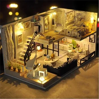 

Assemble DIY Wooden House Toy Wooden Miniatura Doll Houses Miniature Dollhouse toys With Furniture LED Lights Birthday Gift