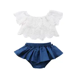 Коллекция 2019 года, летняя одежда для маленьких девочек топы с короткими рукавами и кружевом для малышей, джинсовые шорты, платье, одежда От 0