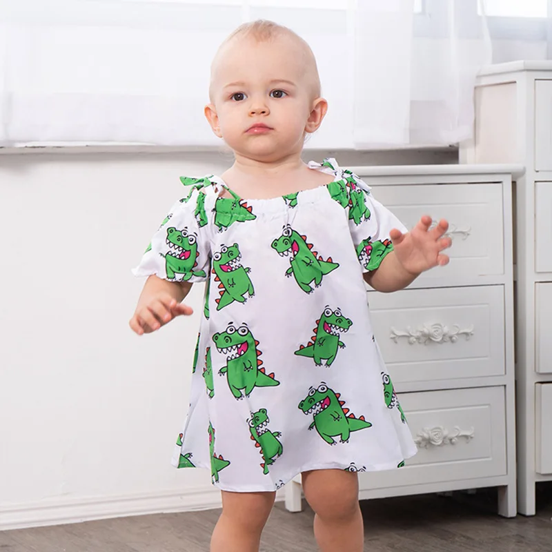 2018 Dinosaur Dress Toddler Girl Dresses Shoulderless Baby Dinosaur