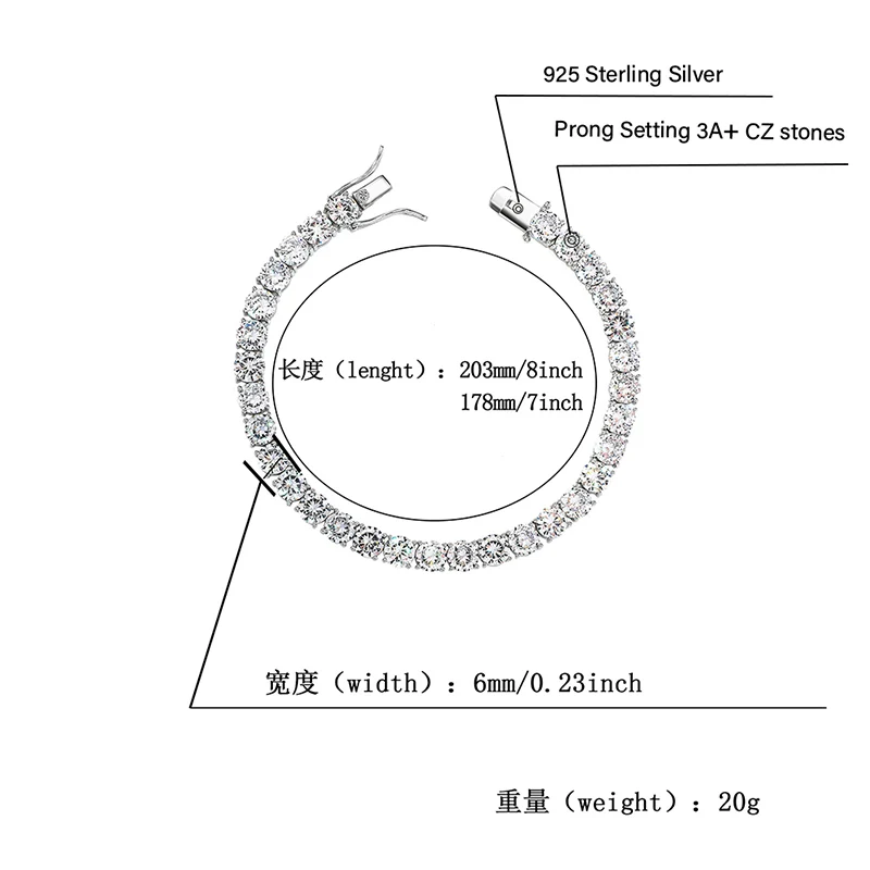 TOPGRILLZ ледяной циркон 3-6 мм теннисная цепь Мужская хип-хоп Ювелирная 925 пробы Серебряная Золотая омаровая застежка CZ браслет звено 7 8 дюймов