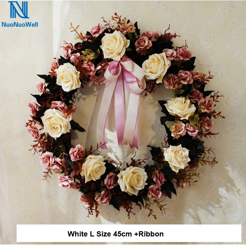 

NuoNuoWell 35-45cm Artificial Rose Garland Wedding Flower Wreath Ring Home Door Lintel Hang Decor Handmade Wreath Floral