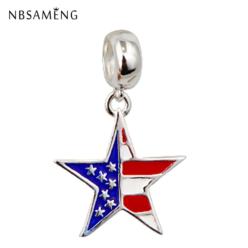 

New 100% 925 Sterling Silver Bead Star Shape Enamel Flag of USA Dangle Pendant Charm Fit Pandora Bracelet DIY Jewelry Gifts