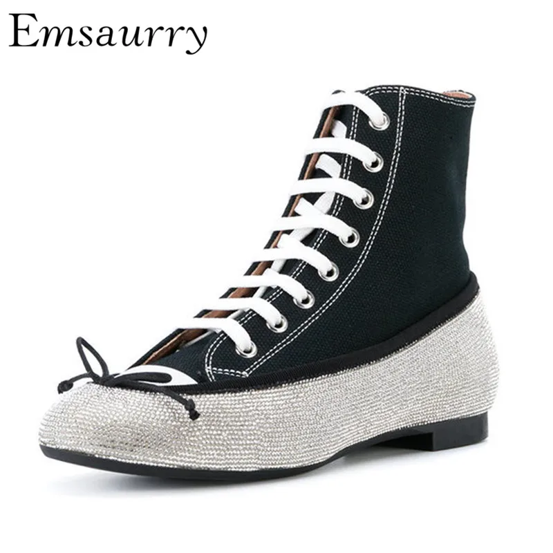 

Punk Style Canvas Ankle Boots Women Square Low Heel With Rhinestone Cross Tied Bowtie High Shoes Woman