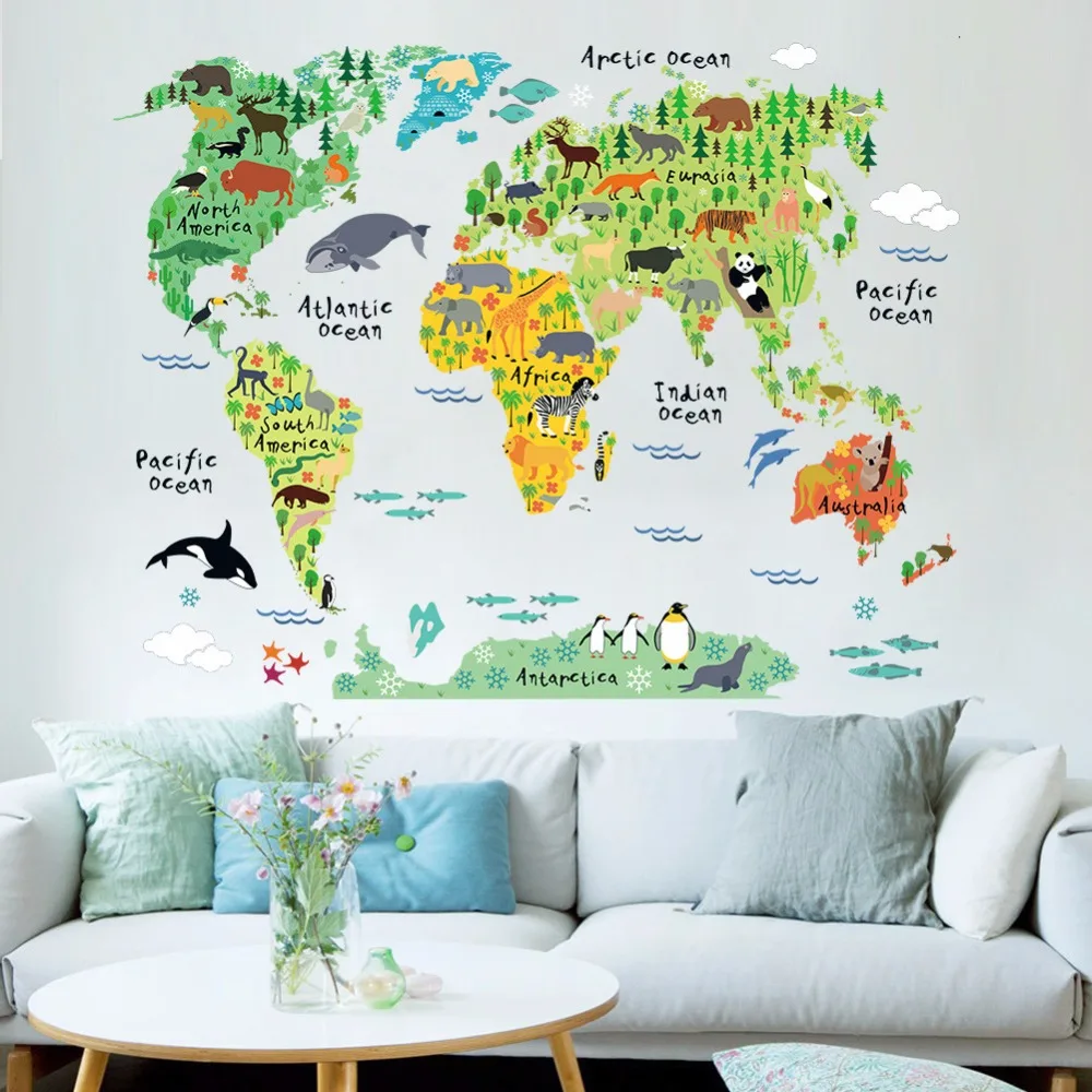 comprar Novo estilo de Animais Dos Desenhos Animados das Crianças fundo adesivo de parede mapa do mundo Para Casa Decoração material de pvc Auto adesivo papel de parede