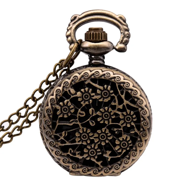 Retro Bronze Sun Flower Alloy Quartz Pocket Watches Necklace Chain Gift