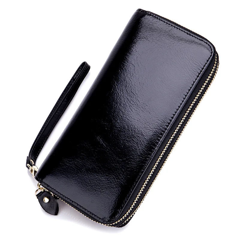 

New Women's Double Zipper Clutch Bags Oil Wax Leather Wallet Large Capacity Unisex Double Men's Wallet Long Practical Wrist Bag